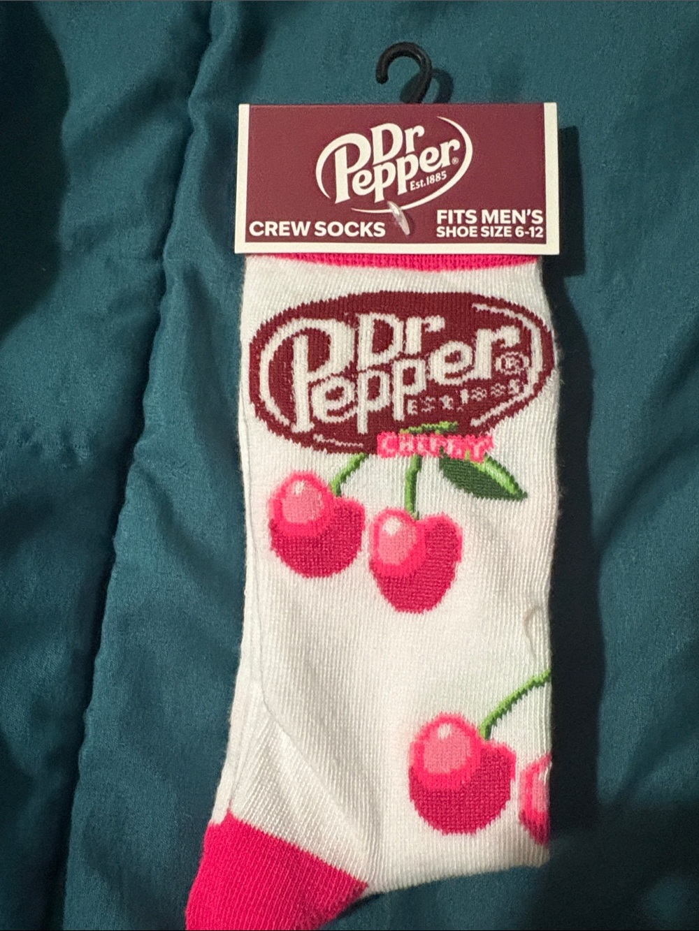 Dr Pepper Cherry Crew Socks for Men - White with Pink Cherry Accents